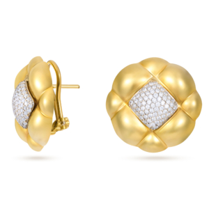 18K Vintage Flower Look Round Clip Earrings & Pave' Diamonds