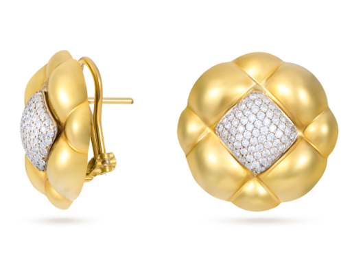 18K Vintage Flower Look Round Clip Earrings & Pave’ Diamonds