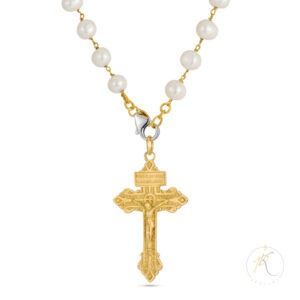 18K Gold & Fresh Water Pearls Necklace - Cross - 925 Silver Clasp