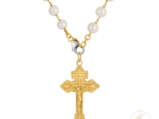 18K Gold & Fresh Water Pearls Necklace – Cross – 925 Silver Clasp