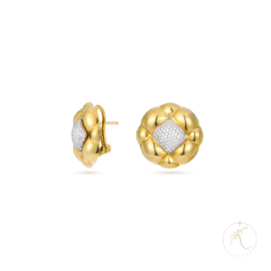 18K Vintage Flower Look Round Clip Earrings & Pave' Diamonds