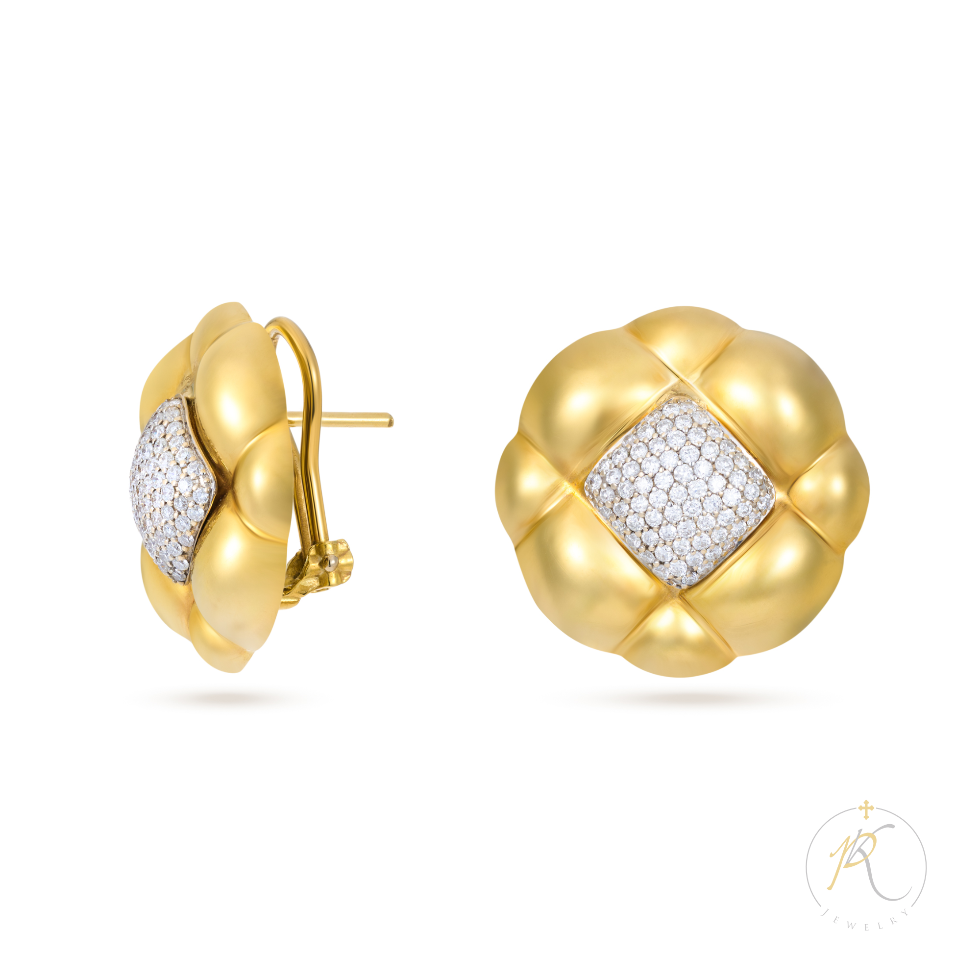 18K Vintage Flower Look Round Clip Earrings & Pave' Diamonds