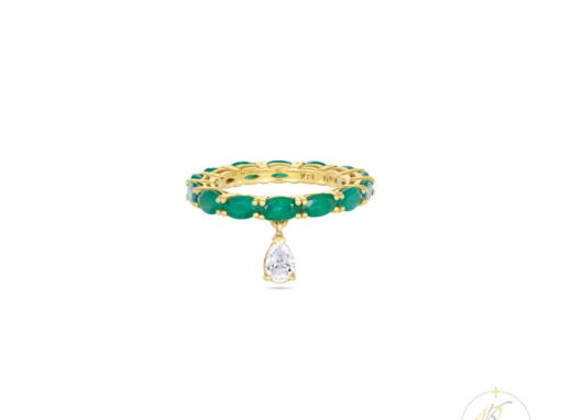 18K Yellow Gold & Dangling Diamond Emerald Ring