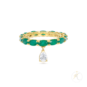 18K Yellow Gold & Dangling Diamond Emerald Ring